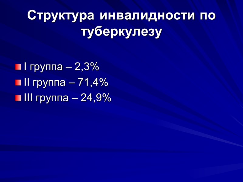 Структура инвалидности по туберкулезу I группа – 2,3% II группа – 71,4% III группа